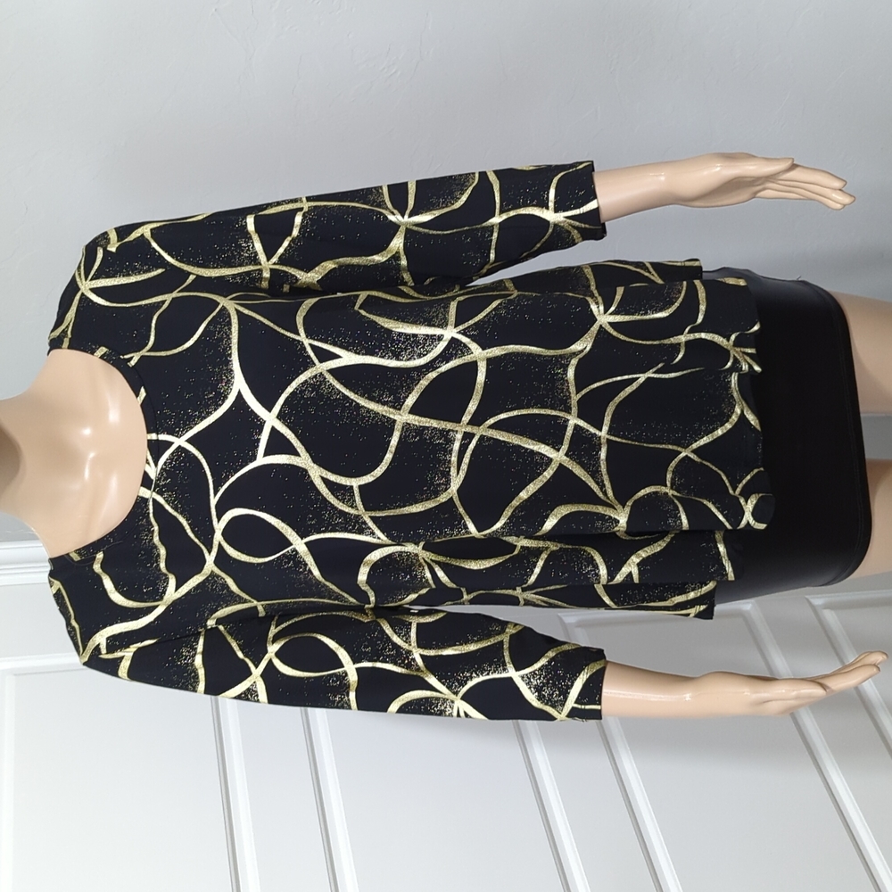 JM COLLECTION Black/Metallic Gold 3/4 Sleeve Top Size P/L